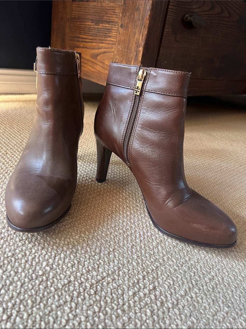 Tory Burch Brown Leather High-Heel Ankle Boots with Gold Zipper